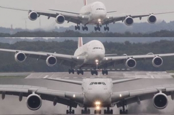 阿联酋航空公司一架空中客车A380型客机降落遇强劲侧风 冒烟安全降落
