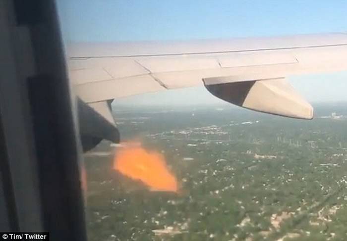 美国联合航空客机起飞没多久有只小鸟被吸进引擎内 飞机不断喷出火焰