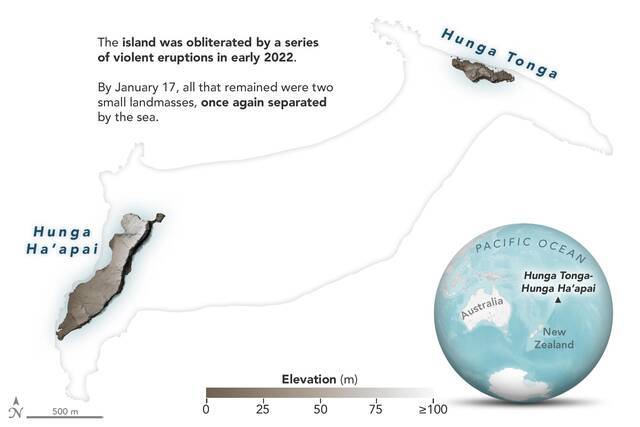 数字高度图展示Hunga Tonga-Hunga Ha＇apai火山的戏剧性变化