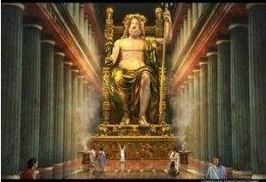 室内最大的奥林匹亚宙斯神像，13米高已在5世纪被摧毁