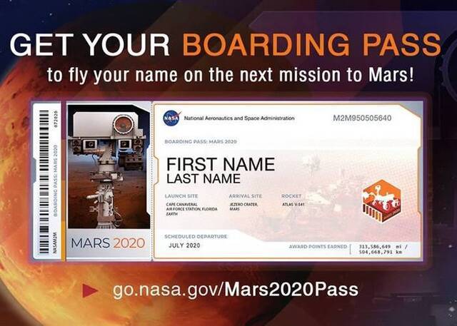 NASA“火星2020号”计划助你名留火星 可获纪念电子“机票”