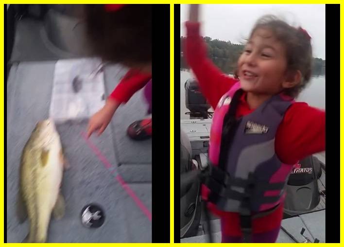 美国小女孩拿起玩具鱼杆试着玩 竟钓起半米长大鲈鱼