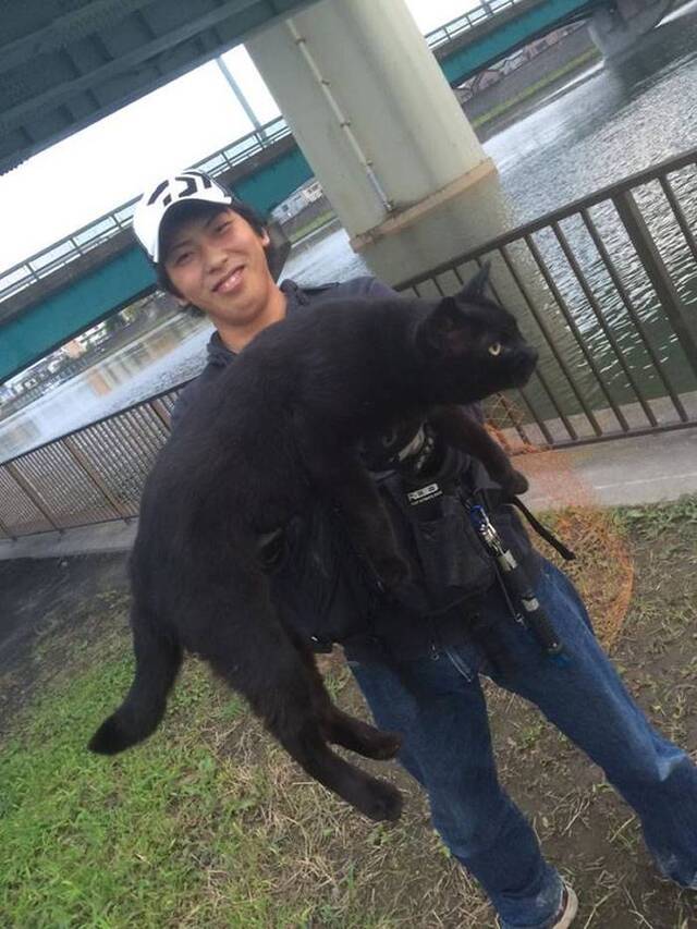 日本网友去河边钓鱼遇到巨大神秘黑色野猫