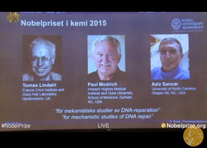 2015年诺贝尔化学奖：美国科学家莫德里奇、桑贾尔和英国科学家林达夺得尔