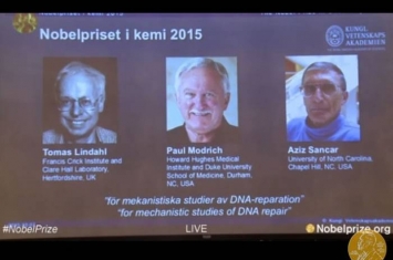 2015年诺贝尔化学奖：美国科学家莫德里奇、桑贾尔和英国科学家林达夺得尔