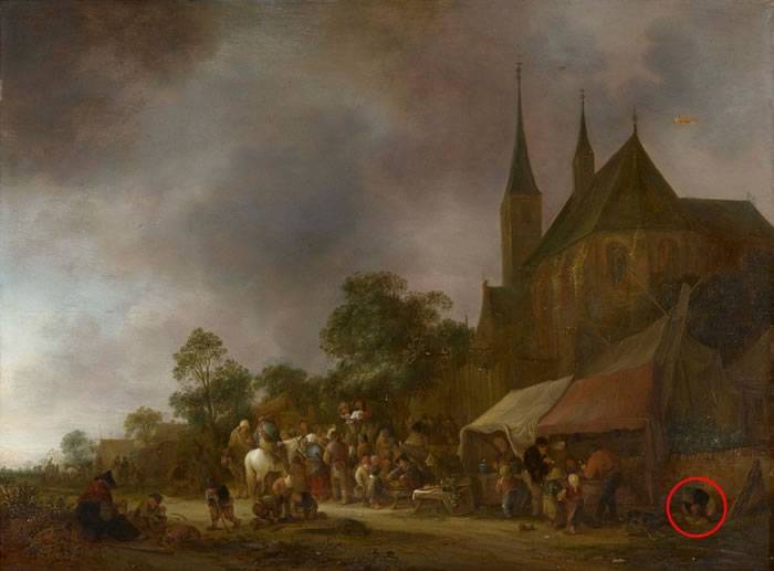 英女王藏画《教堂前的农村市集》惊现男子当众大便场景