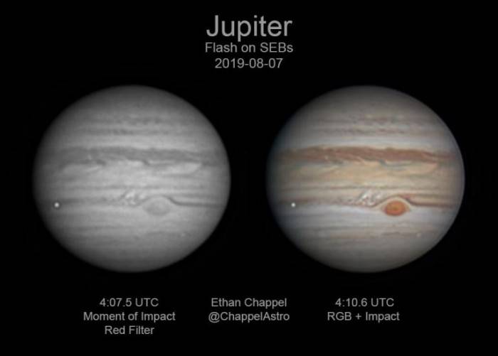 美国业余天文学家Ethan Chappel拍摄到小行星撞击木星发出的闪光