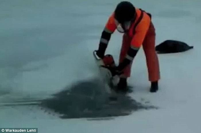 芬兰渔民用电锯锯开冰冻三尺的赛马湖湖面救出受困环斑海豹