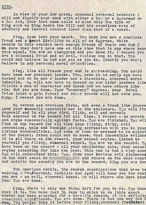 美国FBI写给已故黑人民权领袖马丁路德金的羞辱匿名信曝光