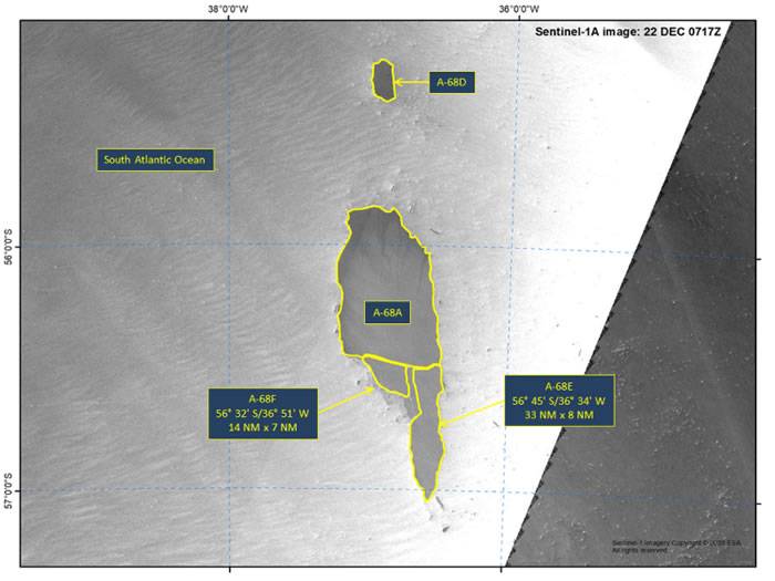 威胁南大西洋南乔治亚岛的巨型冰山A-68A已经分裂成三块