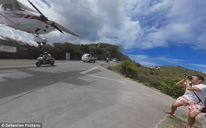 加勒比海法属圣巴特岛飞机降落头顶飞过 游客蹲下闪避险被撞死