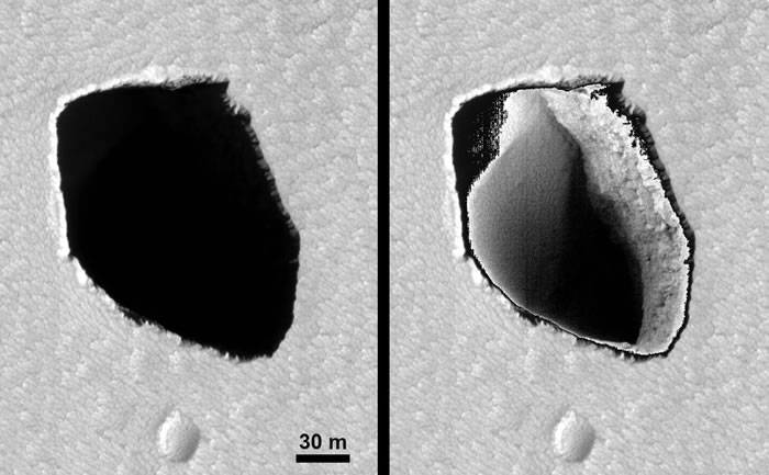 美国宇航局（NASA）火星勘测轨道飞行器的HiRise相机捕捉到火星表面神秘深坑