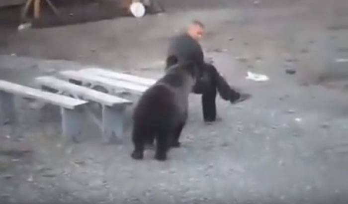 战斗民族：俄罗斯男子霸气回头一瞥就把鬼祟闲晃过来的大黑熊吓得落荒而逃