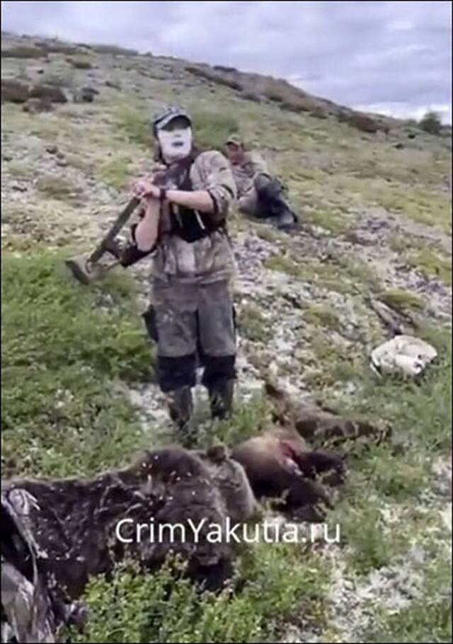 俄罗斯西伯利亚蒙面女猎人枪杀母棕熊与两只小棕熊 开心拍合照引发众怒