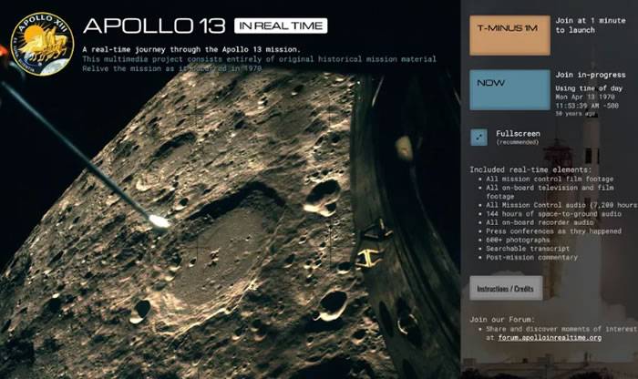新网站“Apollo 13 in Real Time”实时提供阿波罗13号飞行的历史记录视频片段和录音
