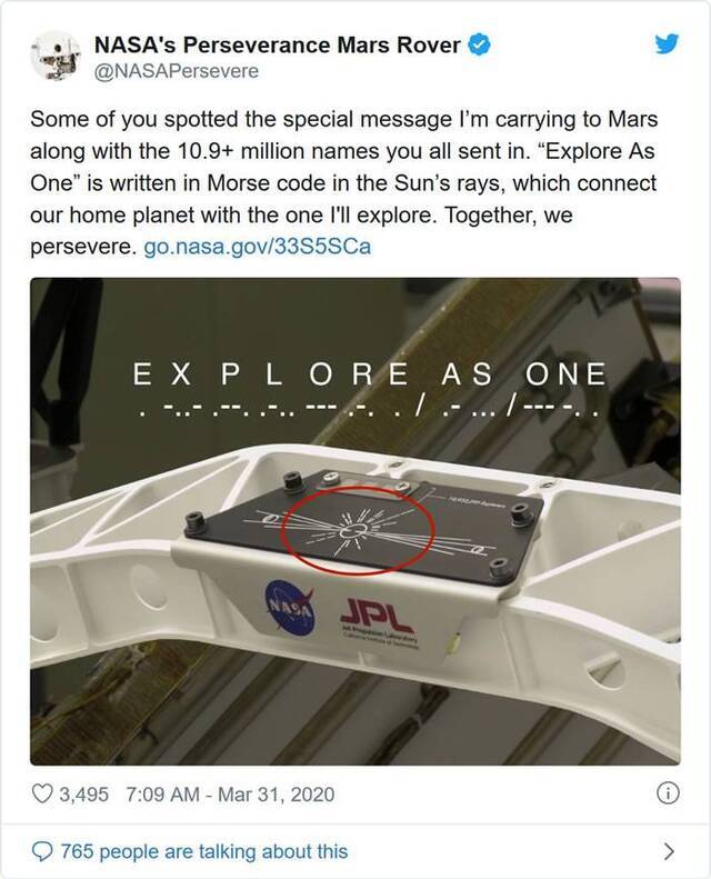 NASA证实Perseverance携带摩斯码Explore As One（让我们一同探索这无垠深空）