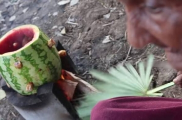 印度安得拉邦106岁老妇示范当地乡土菜烧西瓜
