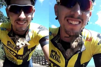 西班牙自行车手救流浪猫放怀里 猫咪转头舔脸表感谢