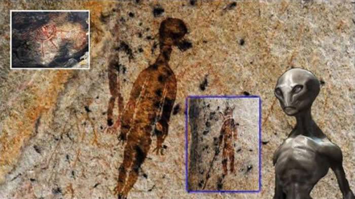 印度洞穴万年前壁画上画着外星人和不明飞行物UFO的图像