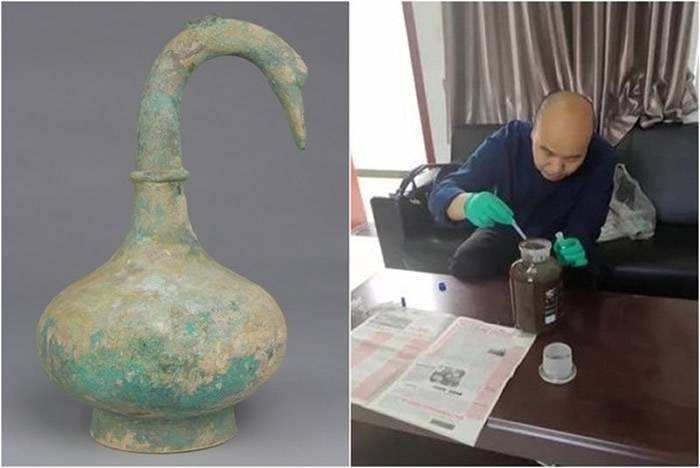 河南出土2200年前西汉初期“鹅首曲颈青铜壶” 装3000ml不明液体
